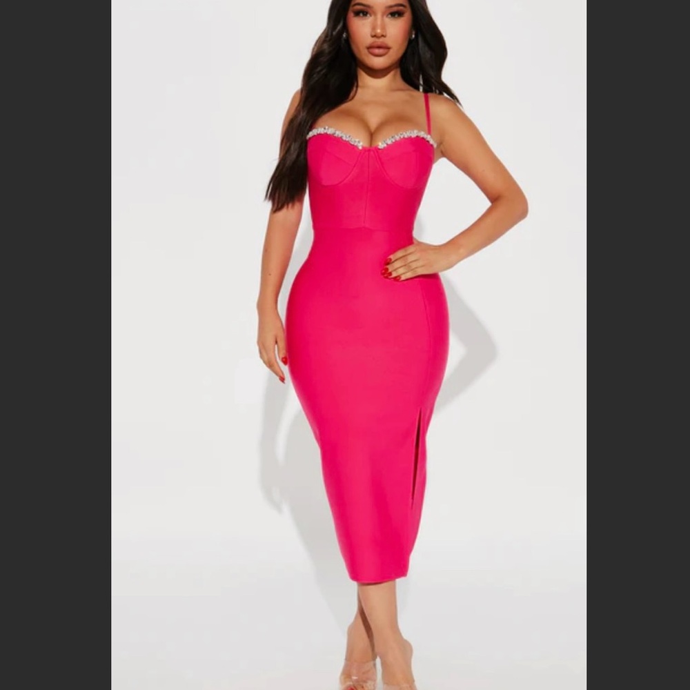 Fashion Nova Pink Bodycon Midi Dress Sweetheart Neckline